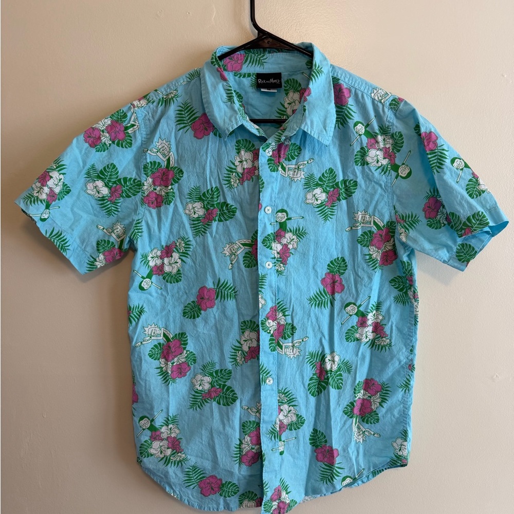 Men's Light Blue Rick and Morty Floral Short Sleeve Button-Down Shirt